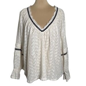 Free People Size L Ivory V-Neck Eyelet Blouse Navy Blue Velvet Trim